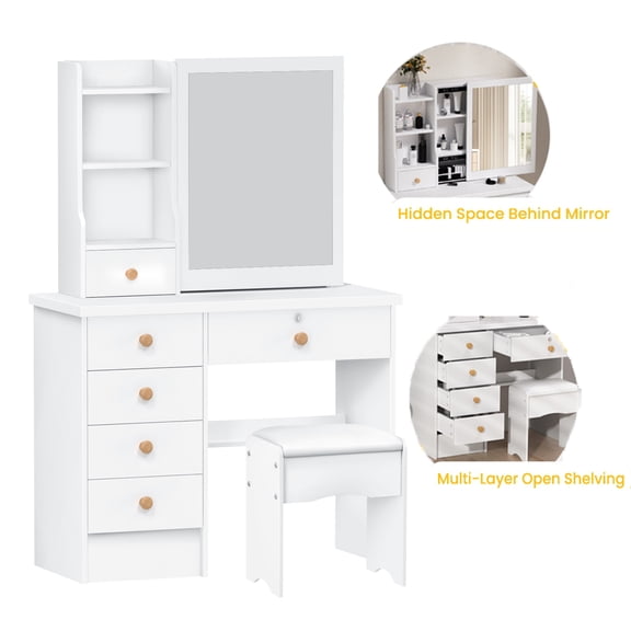 Happydeer Vanity Desk, Sliding Mirror Vanity Table with 6 Drawers, 31.5 Inch Makeup Desk with Hidden Storage and Open Shelves, No Light Mirror Dressing Desk
