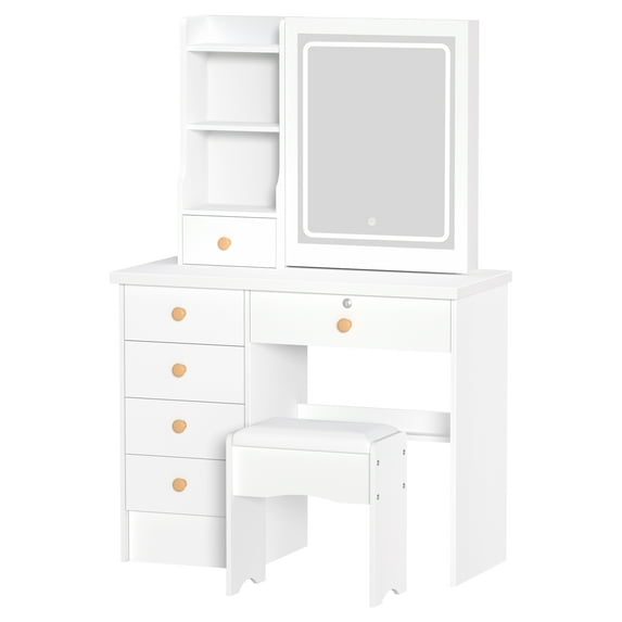 Happydeer Vanity Table with Stool, Dressing Table Stool Set with 6 Drawers, Slidable Mirror (3 Color Brightness Adjustment) Hidden Storage Shelves, Make up Desk with Cushioned Chair