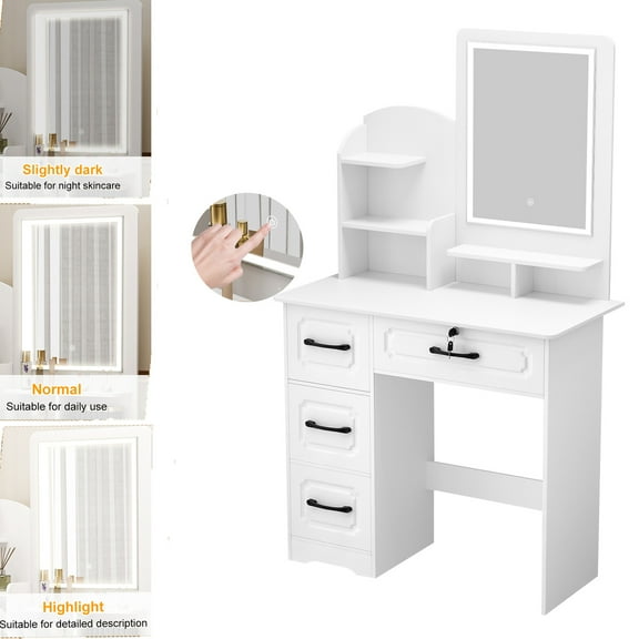 Happydeer Vanity Table with LED Mirror and 4 Drawers, 31.5" Heigh Makeup Desk Bedroom Dressing Table, 6 Open Storage Shelve