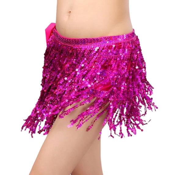 Happydeer Women Belly Dance Skirt Chain Tassel Sequin Double-layer Lace-up Bohemian Clubwear Performance Mini Waist Wrap Latin Dance Practice Short Skirt Hip Waist Scarf (Rose Red)
