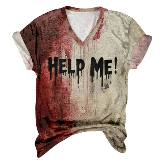 Happydeer Women T-shirt V-neck Long Sleeve Blood Letter Print Tee Shirt Loose Fit Halloween Pullover Tops Festival Party Wear (Type A, XL)