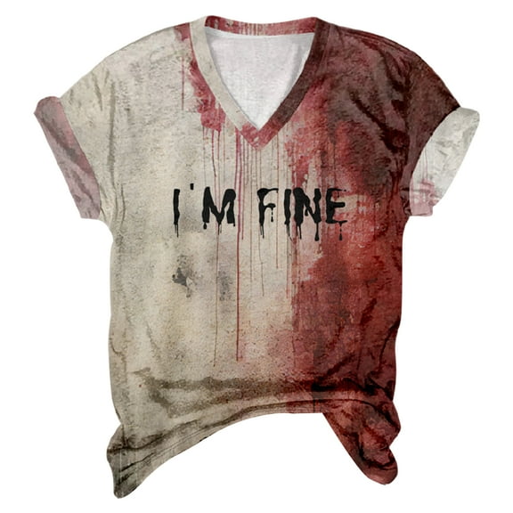 Happydeer Women T-shirt V-neck Long Sleeve Blood Letter Print Tee Shirt Loose Fit Halloween Pullover Tops Festival Party Wear (Type C, L)