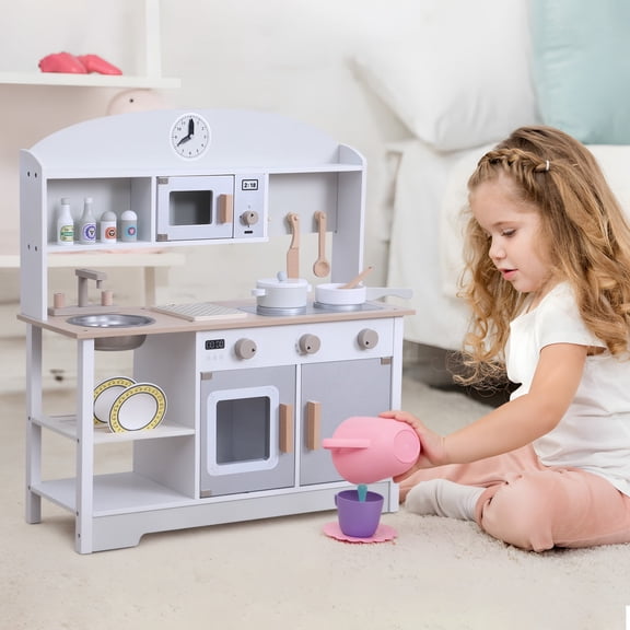 Happydeer Wooden Play Kitchen Set with Rich Accessories, Dollhouse Toys Kitchen Toy Mold Sturdy Construction Simulated Cooking Toy for Training Motor Skills and Enhancing Creativity