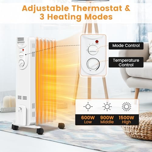 Happygrill 1500W Oil Heater, Electric Radiator Heater w/Adjustable ...