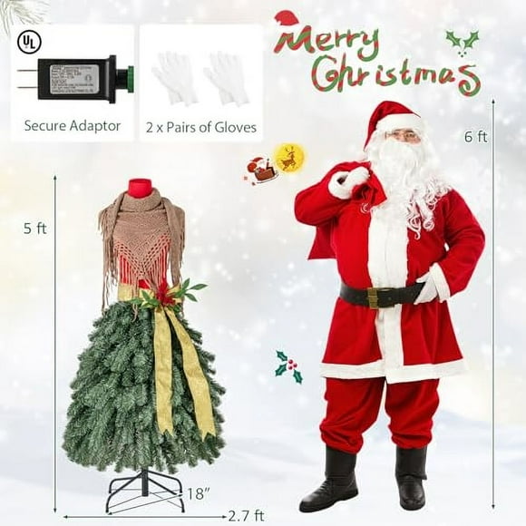 Happygrill 5 FT Artificial Mannequin Tree, Dress Form Xmas Tree w/248 Branch Tips, 100 White LED Lights, Red Berries Gold Ribbon, Scarf & Folding Metal Stand, Pre-Lit Christmas Tre