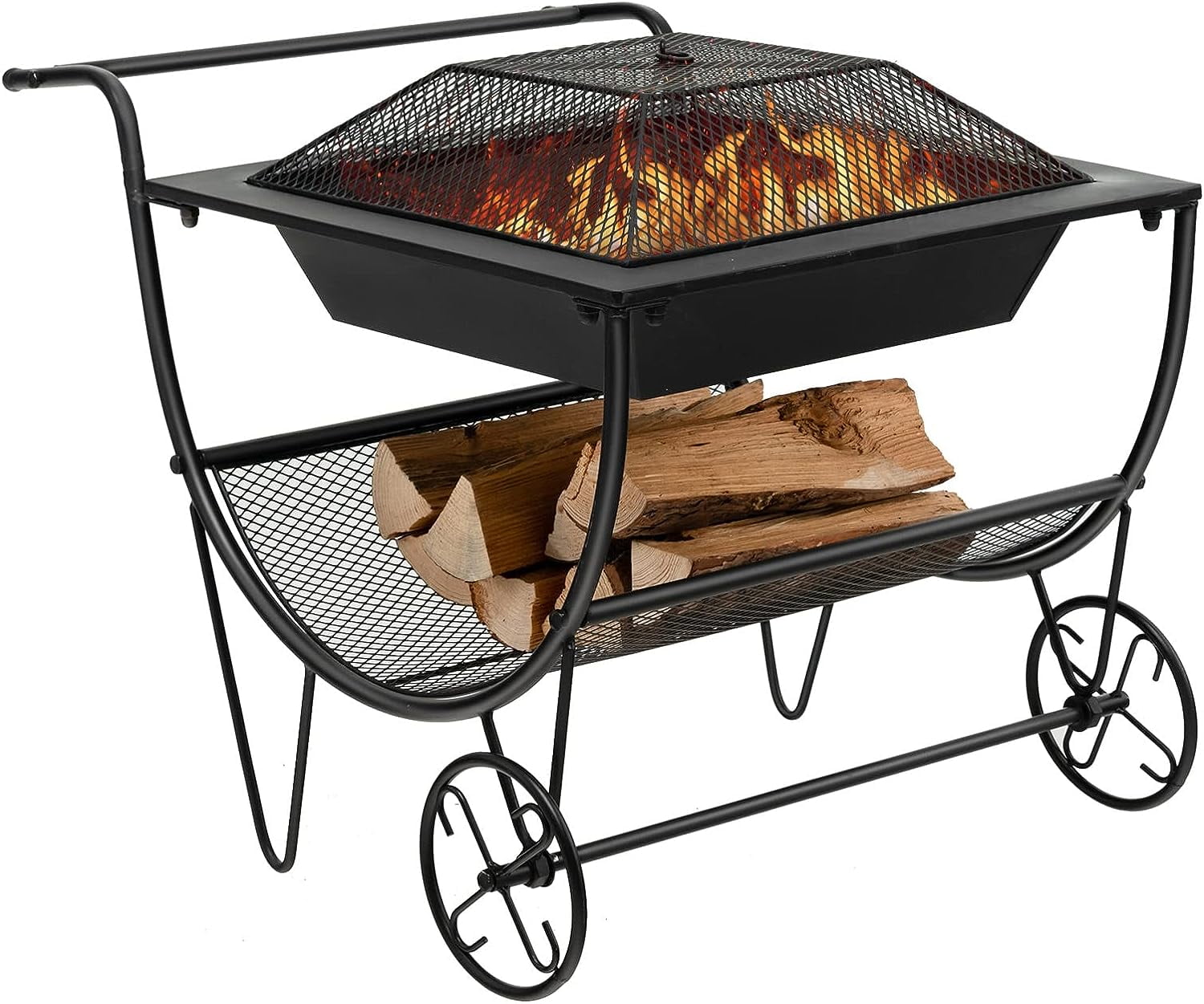 Happygrill Fire Pit with Firewood Rack and Wheels, Multifunctional Wood