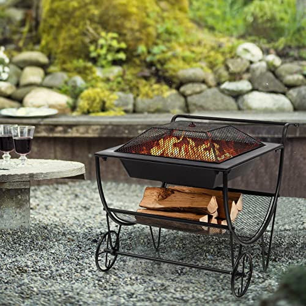 Happygrill Fire Pit with Firewood Rack and Wheels, Multifunctional Wood