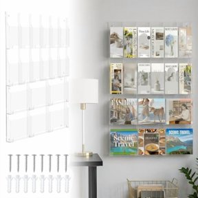 Happyhtes 18 Slot Acrylic Brochure Rack, Transparent Wall-Mounted Magazine and Postcard Display Rack