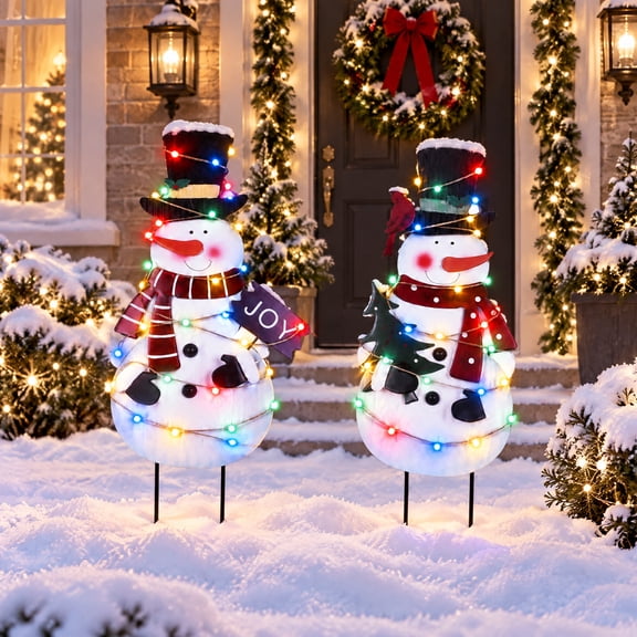 Happyhtes 2Pcs Christmas Metal Snowman Garden Stakes Outdoor Lawn Holiday Yard Decor