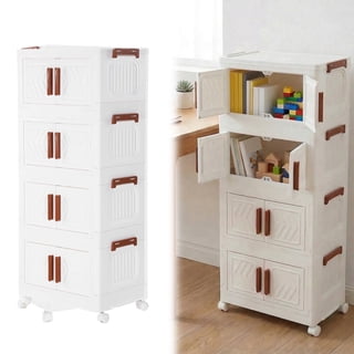 Happyhtes 35In‑H White 4‑Tier Plastic Storage Cabinet, Stackable Foldable Organizer with Doors, Lid and Wheels for Living Room, Office and Dorm