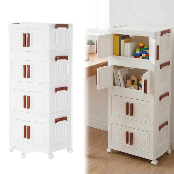Happyhtes 4 Tier Storage Bins Stackable Plastic Closet Organizer Non-Installation Foldable Toys Snacks Files Cabinet with Doors Wheels Lid for Living Room,Office,Dorm (White 35inch-H)