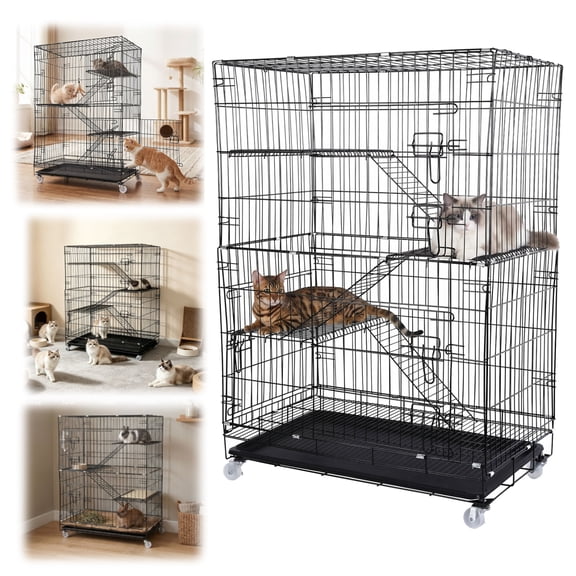 Happyhtes 4-Tier Wire Metal Cat Cage with Casters, Platform & Ladder, Holds 2-4 Cats, 13-15 LBS Load, Large Play Enclosure for Kittens & Small Animals (29.9x18.9x43.3In)