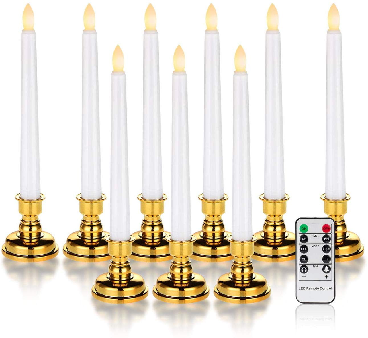 "Happyline" 7.9" Flameless Taper Candles with Candlesticks Pack of 9