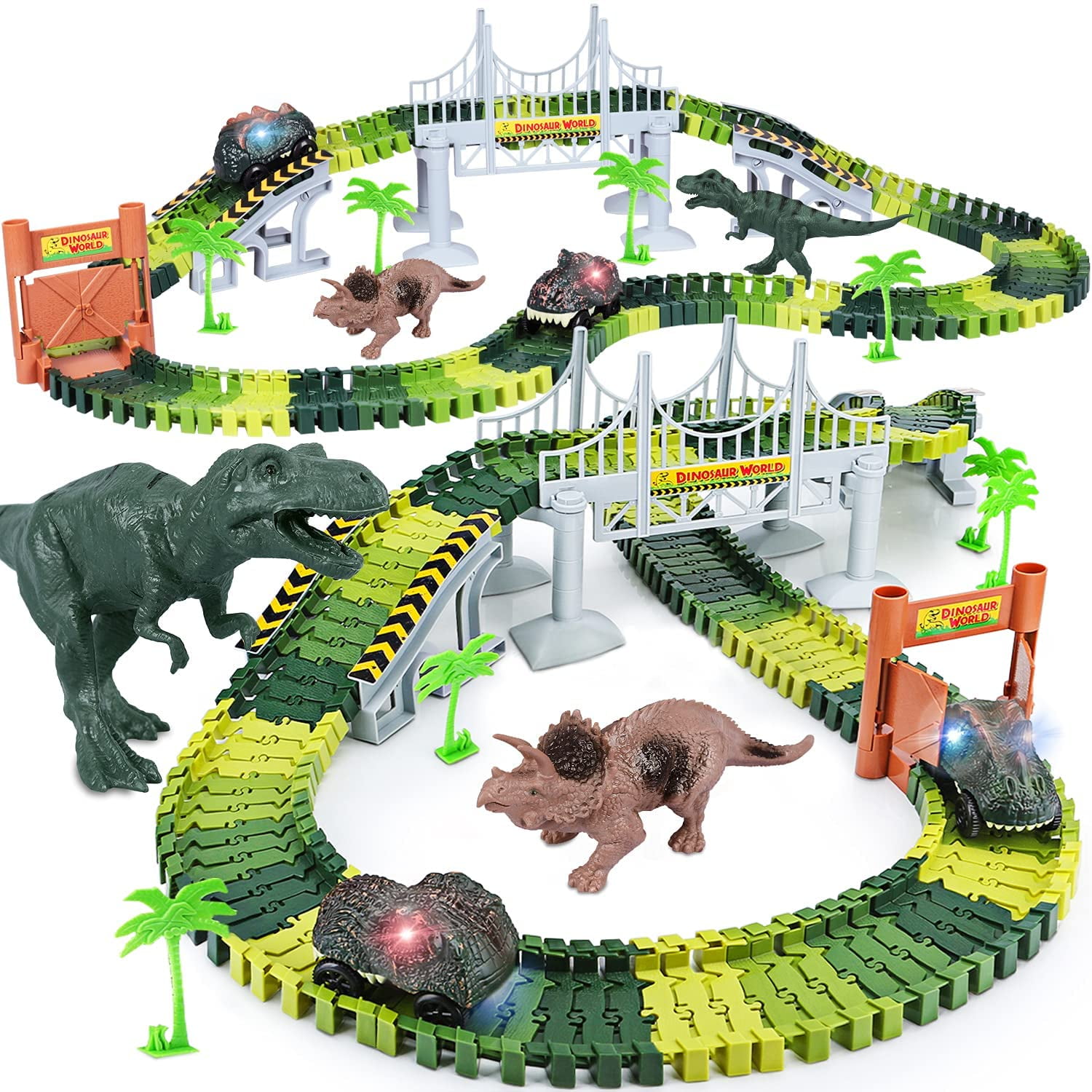  Dinosaur Toys,Create A Dinosaur World Road Race,Flexible Track  Playset and 2 pcs Cool Dinosaur car for 3 4 5 6 Year & Up Old boy Girls  Best Gift : Toys & Games