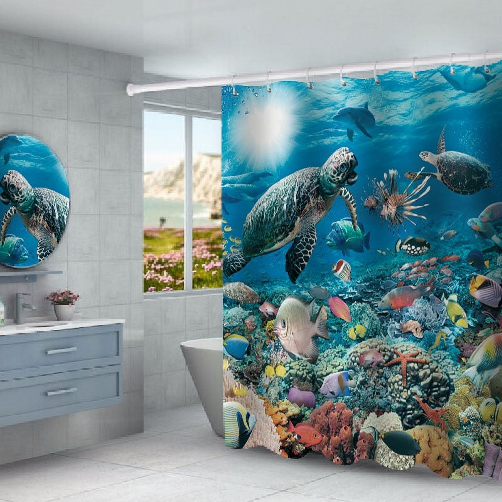 "Happyline" Turtle Shower Curtain, Sea Turtle Showe Curtain for