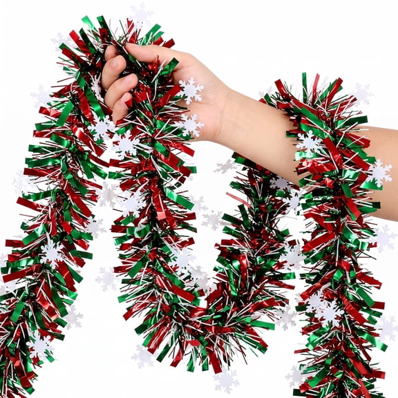 Happylost 6.5 Ft Red Green Christmas Tinsel Garland with Snowflake Decorations, Metallic Twist Hanging Garland for Christmas Tree, Mantel, Staircase Railing, Indoor Outdoor Holiday Party Decor