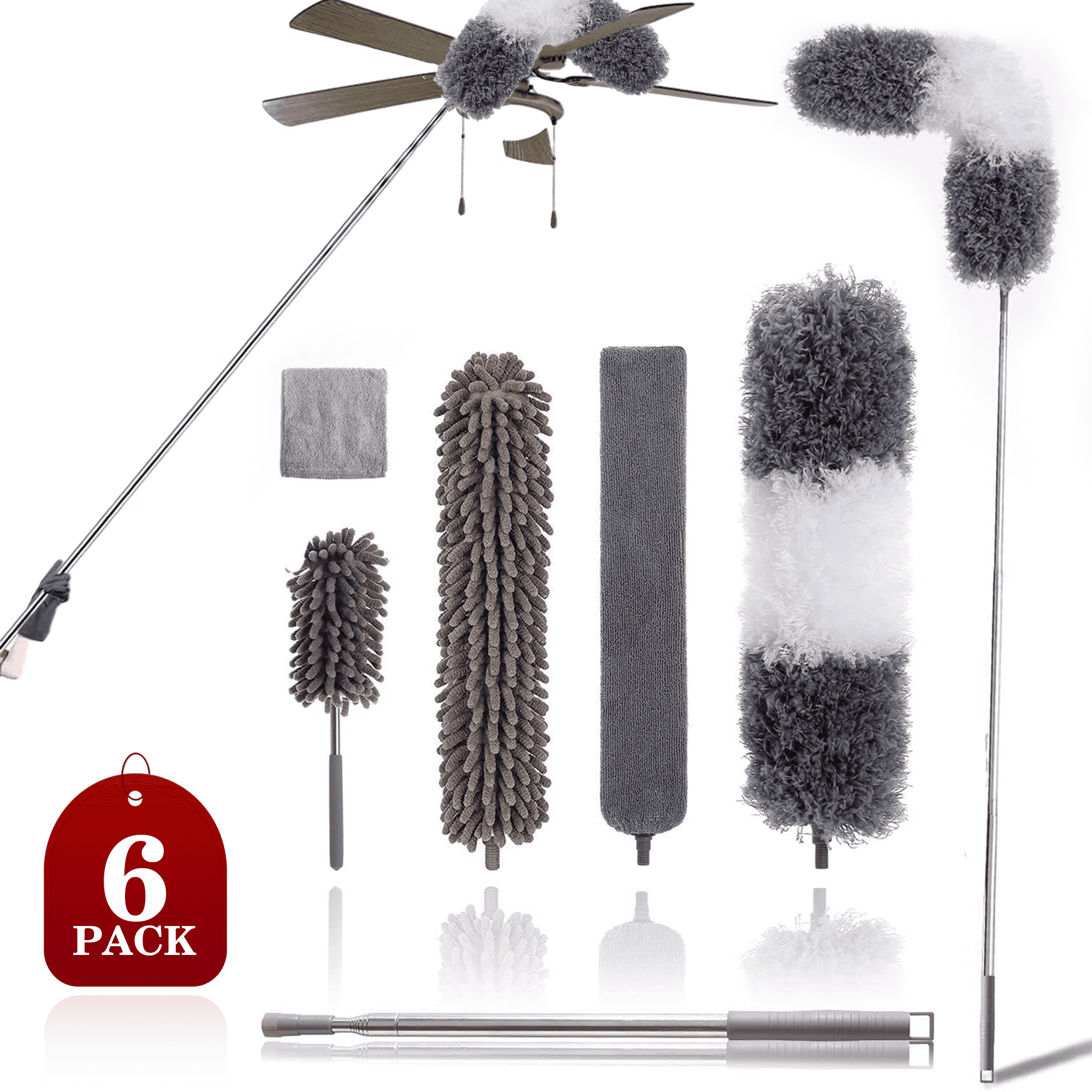Microfiber Duster for High Ceilings (6pcs), Happylost 100" Telescopic Extension Pole Kit, Reusable Duster, Washable Lightweight Duster for Ceiling Fan Webs, Blinds