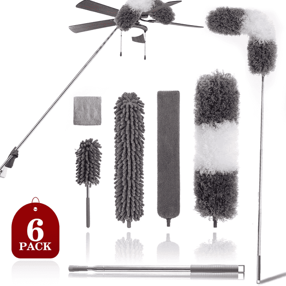 Microfiber Duster for High Ceilings (6pcs), Happylost 100" Telescopic Extension Pole Kit, Reusable Duster, Washable Lightweight Duster for Ceiling Fan Webs, Blinds