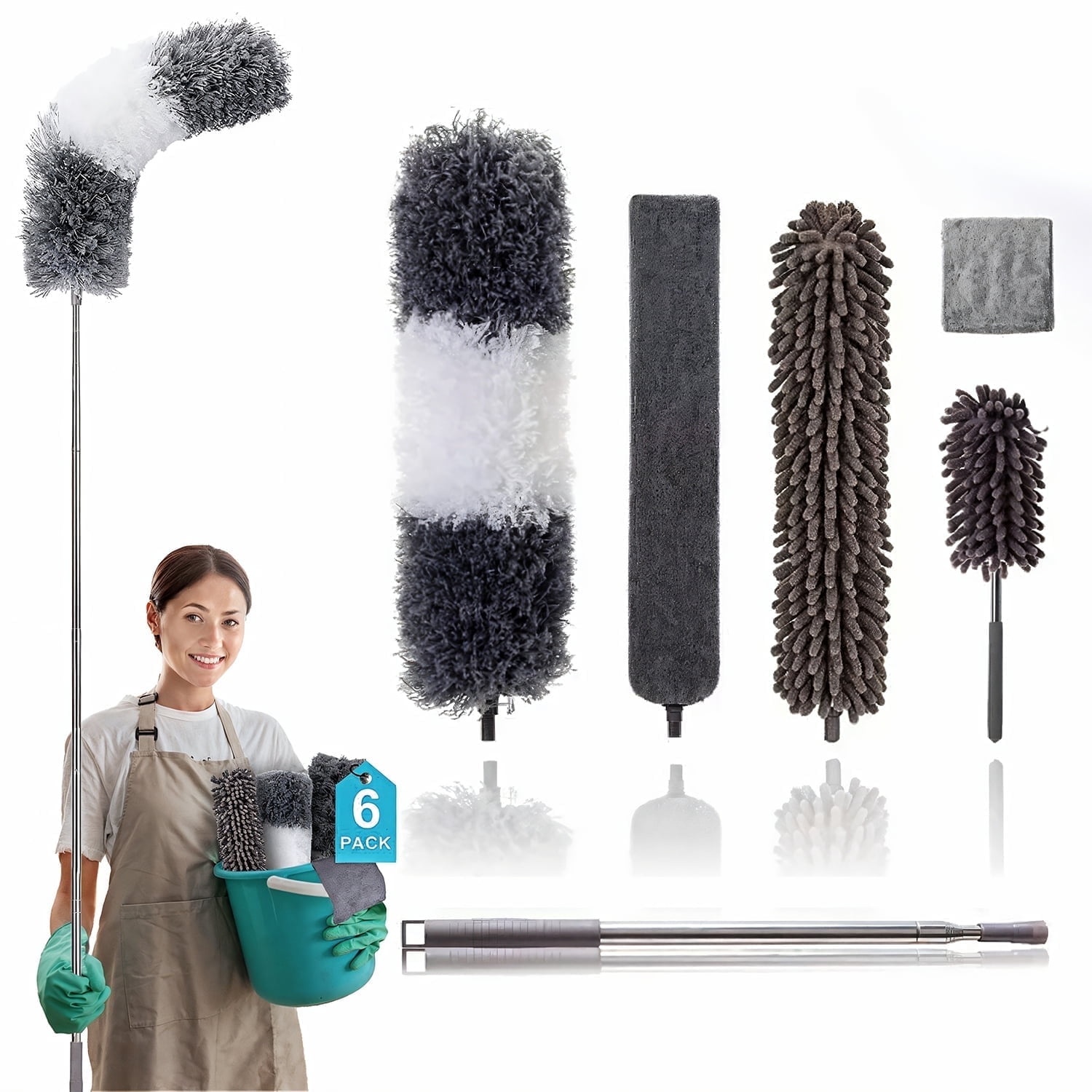Happylost Dusters for Cleaning, Microfiber Feather Duster Kit for High Ceilings (6pcs), 100" Long Extendable Ceiling Fan Cleaner Duster with Extension Pole, Gray