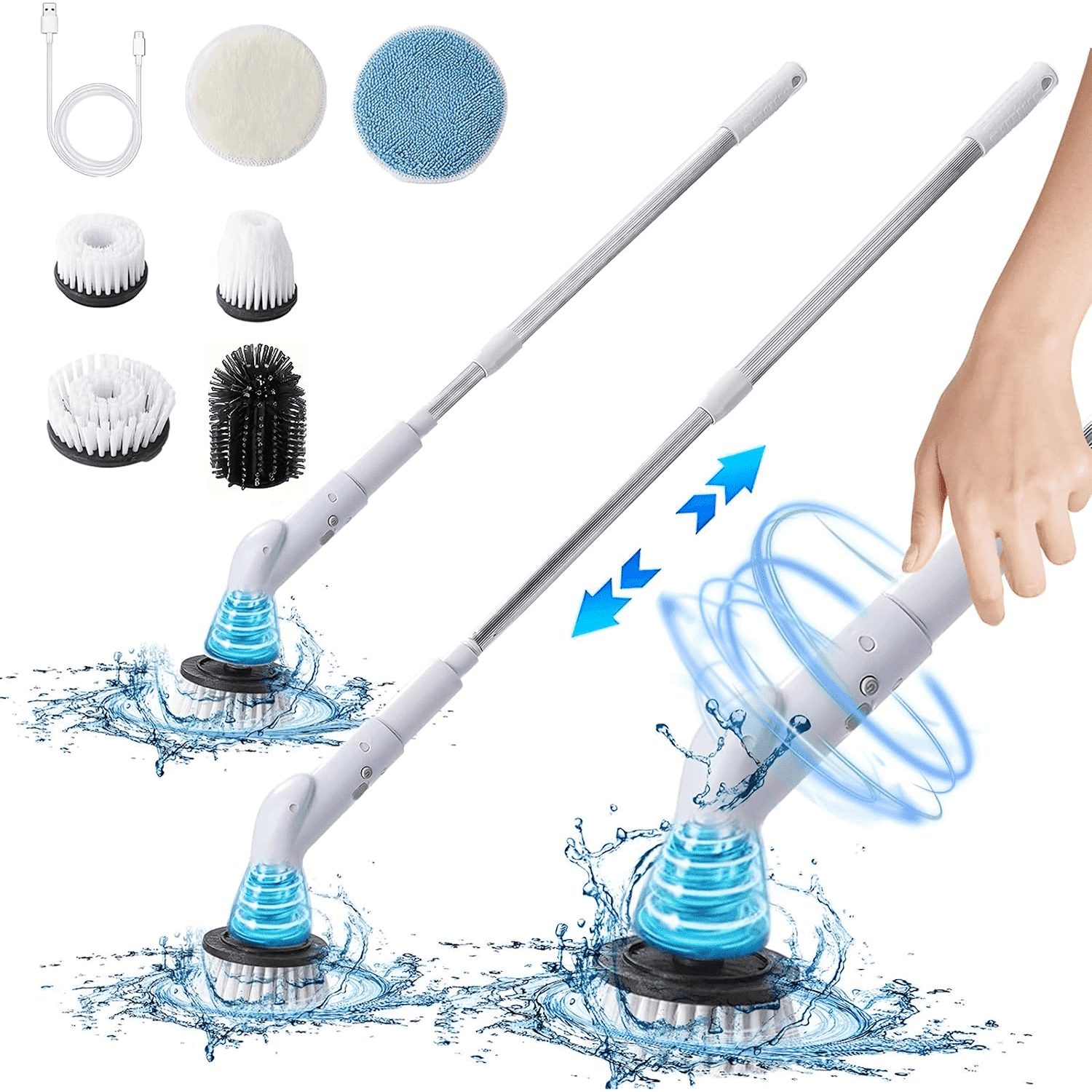 Happylost Electric Spin Scrubber, Electric Cleaning Brush with 6 Replaceable Heads, Spin Brush for Cleaning Bathroom with Adjustable & Detachable Long Handle