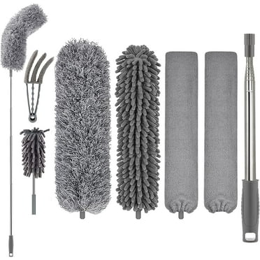 Happylost Microfiber Feather Dusters for Cleaning, 7 PCS Reusable Washable Bendable Ceiling Fan Cleaner Duster with Extension Pole for High Ceiling Fans, Blinds, Furniture, Gray