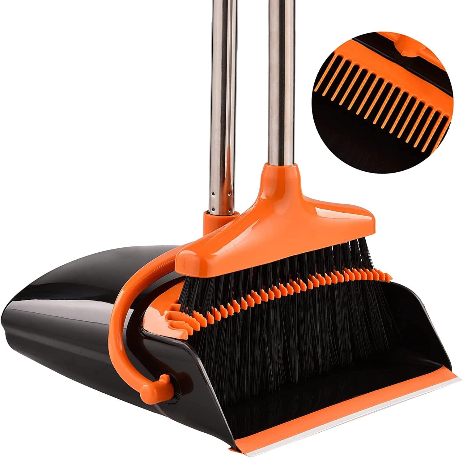 Happylost Upgrade Broom and Dustpan Set, Self-Cleaning with Dustpan Teeth,  Ideal for Dog Cat Pets Home Use, Super Long Handle Upright Broom  (Black&Orange) 