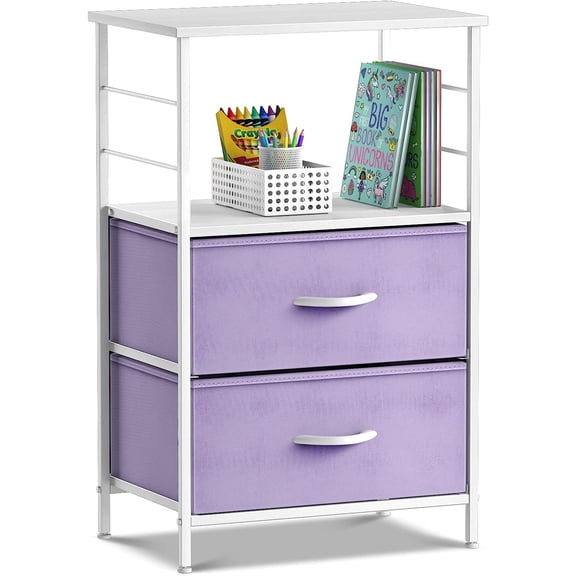 Happyyeah 2 Drawer Shelf Storage Nightstand -Bedside Furniture End Table Night Stand with Steel Frame Wood Top & Easy Pull Fabric Bins, Dresser & Chest for Home Bedroom Accessories Office & College
