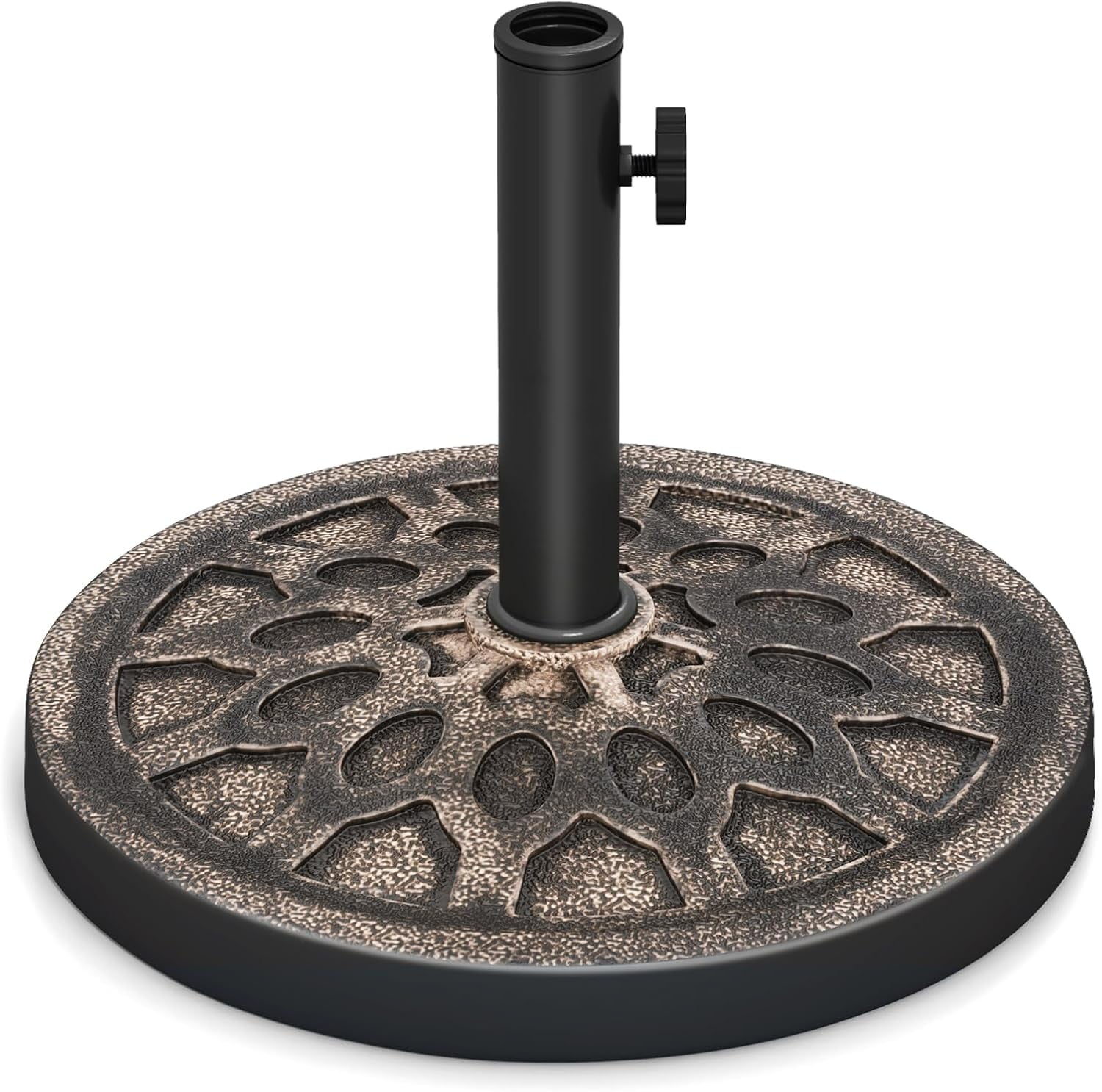 Happyyeah 30 lbs Heavy Duty Umbrella Base, Round Parasol Holder with Adjustable Knob for Φ1.5-Φ1.9 Pole, Resin Umbrella Stand with Decorative Pattern, Easy Setup