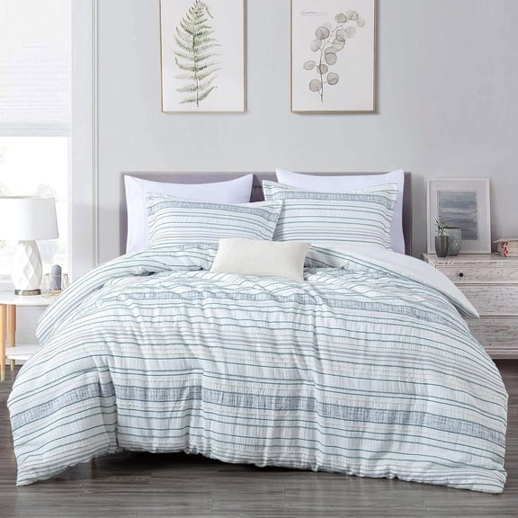 Happyyeah 6-Piece Boho Clip Jacquard Comforter Set Queen Size, Teal Blue White Striped Soft Textured Lightweight Bedding for All Season (1 Comforter, 2 Shams, 2 Pillowcases, 1 Cushion)