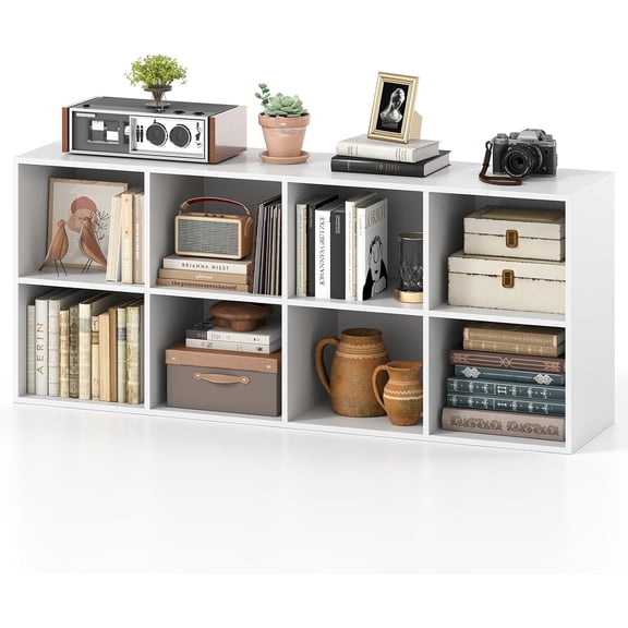 Happyyeah 8-Cube Bookcase, Large Floor Standing Horizontal Bookshelf with 8 Open Shelves & 2 Anti-Tipping Kits, Home Office Wooden Storage Book Shelf for Living Room, Study (White, 8-Cube)