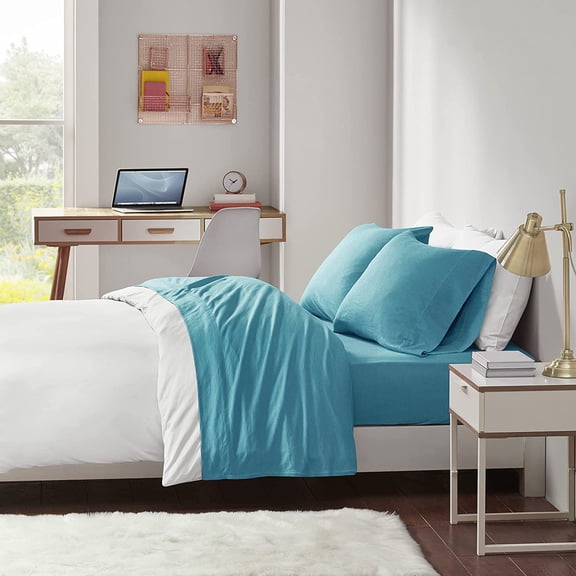 Happyyeah Cotton Blend Jersey Knit Queen Bed Sheets , Coastal Cotton Bed Sheet , Teal Bed Sheet Set 4-Piece Include Flat Sheet , Fitted Sheet & 2 Pillowcases