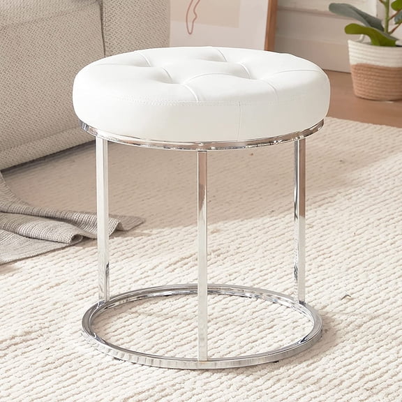 Happyyeah Faux Leather Ottoman Stool, Vanity Chair Button Tufted Footrest Stool Makeup Stool with Metal Base for Living Room Bedroom, White