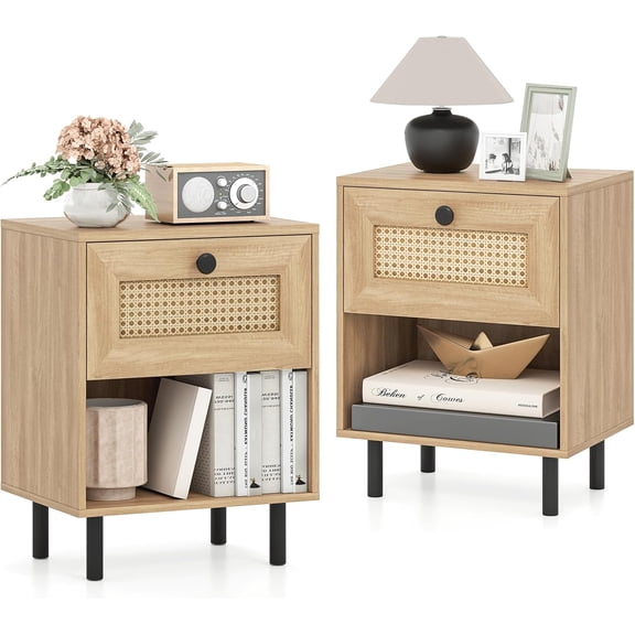 Happyyeah Rattan Nightstand with Drawer Set of 2, Mid Century Modern Bed Side Table w/ 4 Metal Legs and Open Storage Shelf, Wood Boho End Table for Small Spaces, Night Stand for Bedroom Office