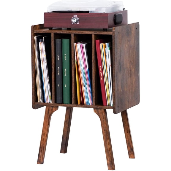Happyyeah Record Player Stand,Vinyl Record Storage Table with 4 Cabinet Up to 100 Albums,Mid-Century Turntable Stand with Wood Legs,Brown Vinyl Holder Display Shelf for Bedroom Living Room (Patented)