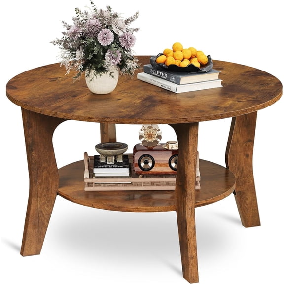 Happyyeah Round Coffee Table, 2-Tier Small Coffee Table with Storage Shelf, Circle Wood Center Table for Living Room, Apartment, Easy Assembly, Rustic Brown