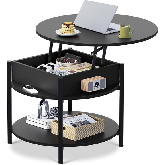 Happyyeah Round Lift Top Coffee Table with Storage Shelf and Hidden Compartment, Farmhouse Small Coffee Table with 2 Tier for Living Room and Home Office, Black