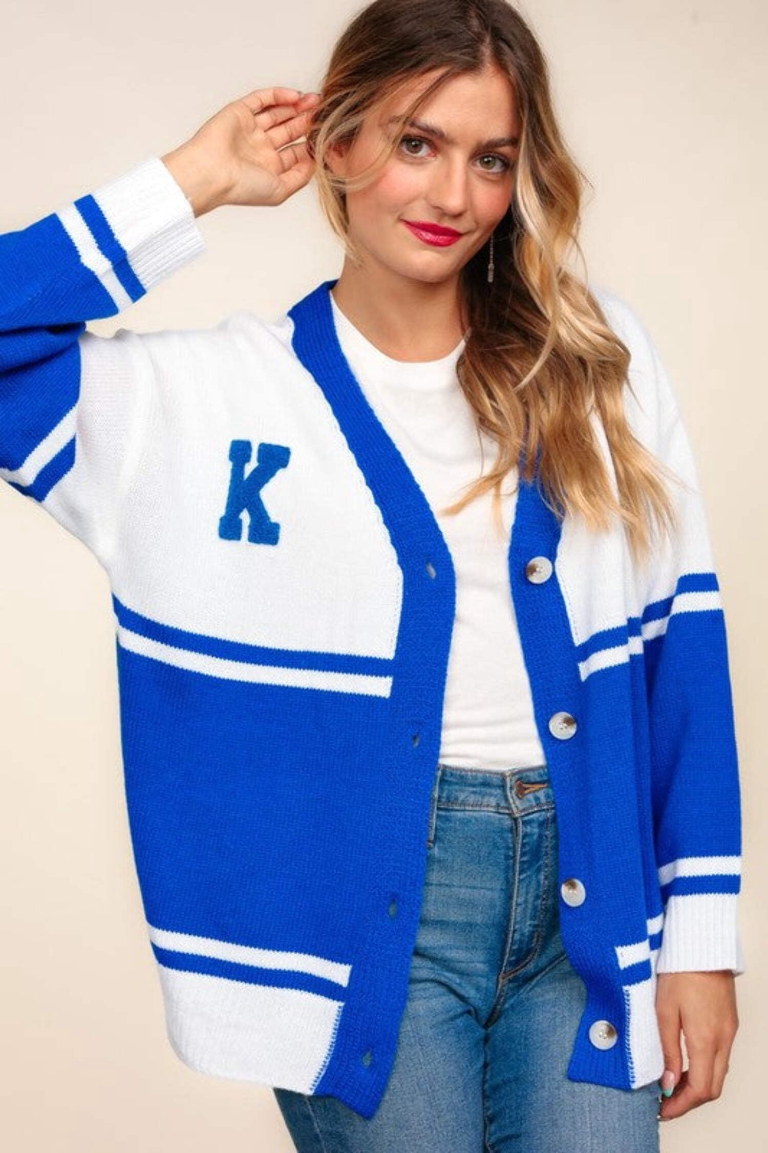 Haptics Full Size Letter Patch Contrast V-Neck Cardigan - Walmart.com