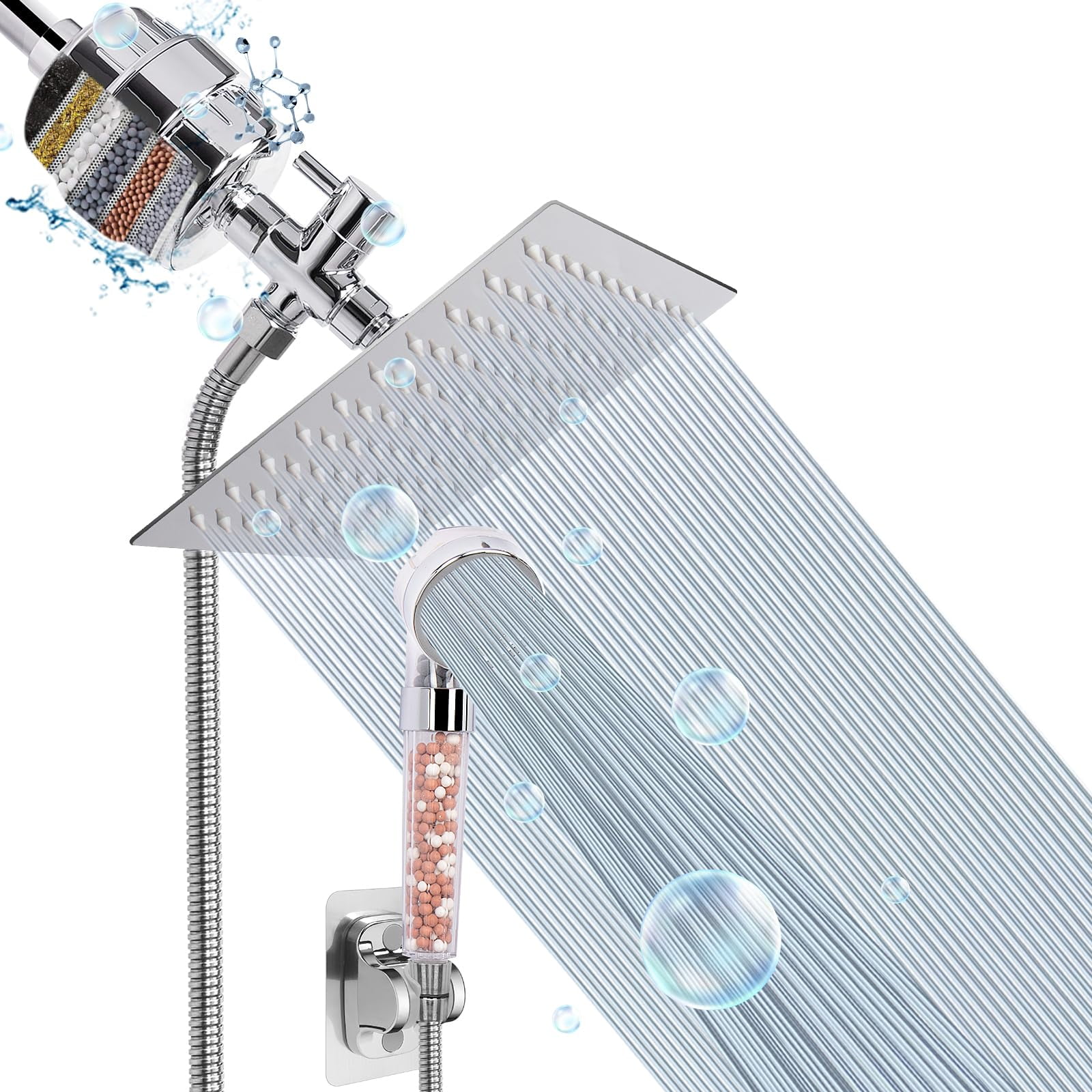 HarJue 8 Inch High Pressure Filter Shower Head Combo - Removes Chlorine, Hard Water, Chrome Finish