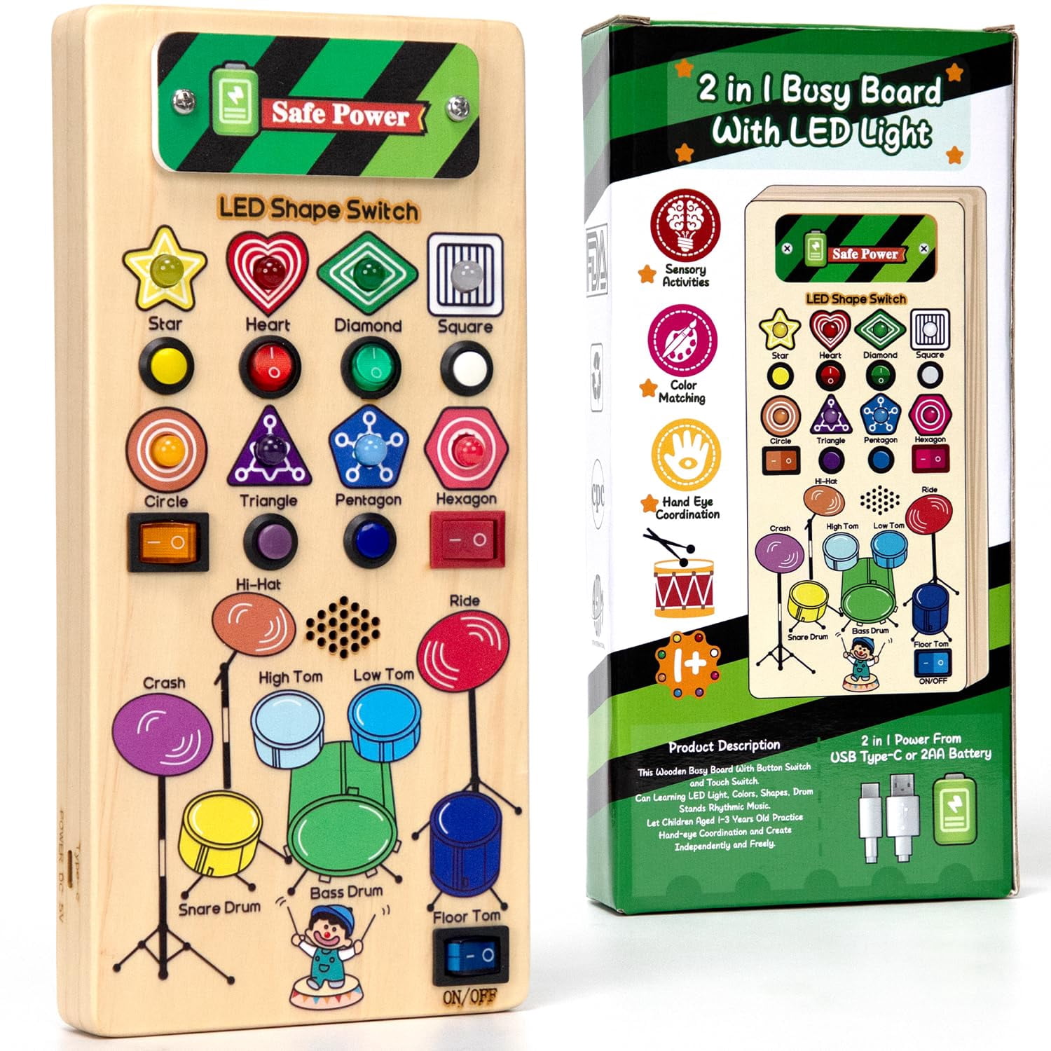 HarVow Sensory Autism Music Learning Shape Montessori Board + Toddlers Musical Drum Set with