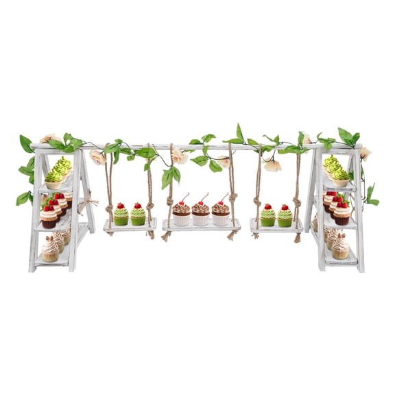 Haraisyo Distressed White Pine Wood A-Frame Swing Display Stand with Floral Vines, 3-Tier Ladder Serving Tray for Cakes, Donuts, Fruits & Snacks, Table Decor for Wedding, Birthday Party & Retail Shop