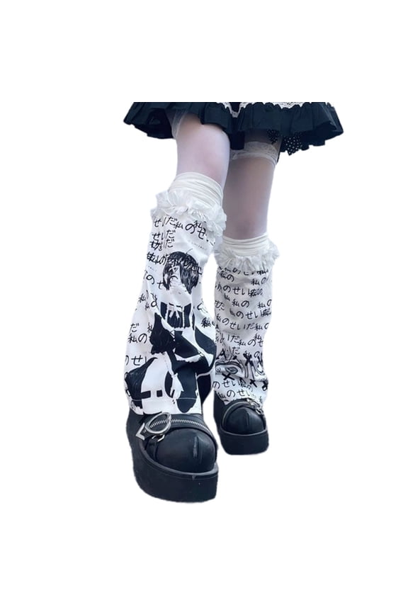 Harajuku Aesthetic Japanese Anime Letter Print Leg Warmer Socks for Women Punk Ruffle Trim Flared Leg Sleeves Streetwear