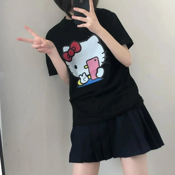 Hello Kitty Clothes Kawaii Cartoon Summer Short Sleeve T-Shirts Women Loose Casual Tees Tops Y2k Girl Japanese Kuromi Streetwear