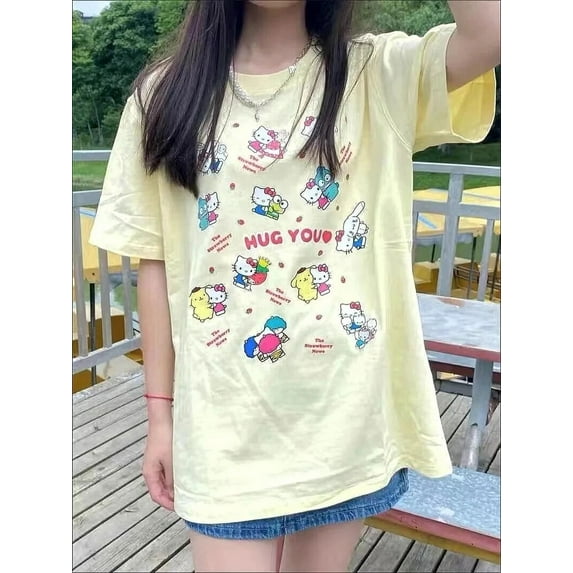 Hello Kitty Clothes Kawaii Cartoon Harajuku Short Sleeve T-Shirts Women Fashion Loose Casual Top Y2k Girl Japan Anime Streetwear