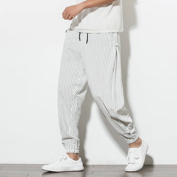 Harajuku Cotton Linen Harem Casual Pants Men 2023 New Fashion Striped Spring Mens Joggers