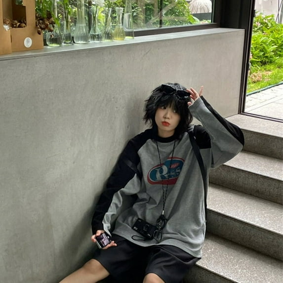 Harajuku Gray Long Sleeve T Shirt Women Streetwear Vintage Pullover Sweatshirts Oversized Retro O Neck Patchwork Print Top
