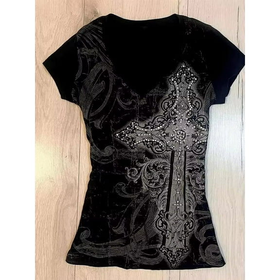 Harajuku T Shirts Women Skull Print Slash Neck Y2k Tops Fashion Gothic 2000s Vintage Tees Streetwear Punk Letter Black Tshirts
