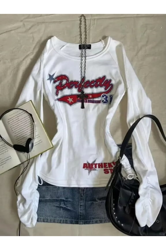 Harajuku T Shirts Women Skull Print Slash Neck Y2k Tops Fashion Gothic 2000s Vintage Tees Streetwear Punk Letter Black Tshirts