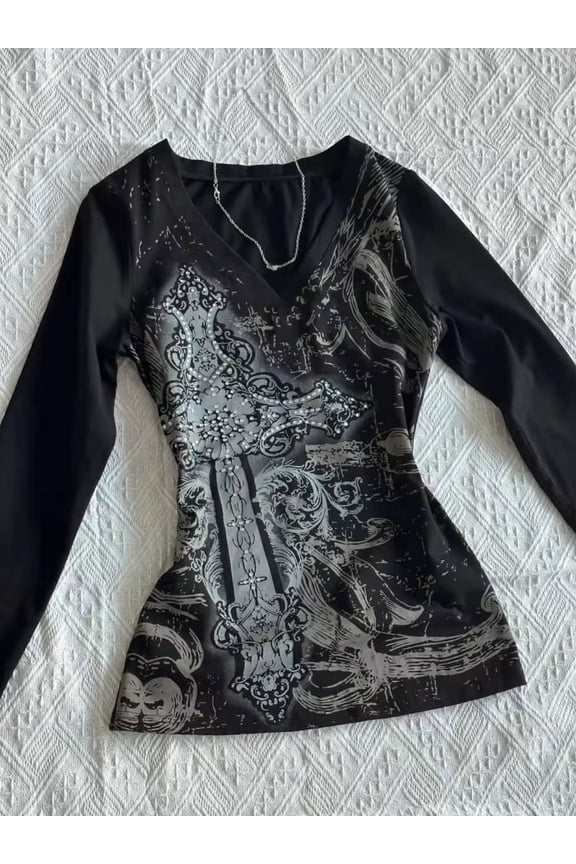 Harajuku T Shirts Women Skull Print Slash Neck Y2k Tops Fashion Gothic 2000s Vintage Tees Streetwear Punk Letter Black Tshirts