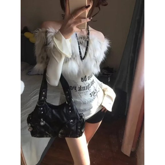 Harajuku T Shirts Women Skull Print Slash Neck Y2k Tops Fashion Gothic 2000s Vintage Tees Streetwear Punk Letter Black Tshirts