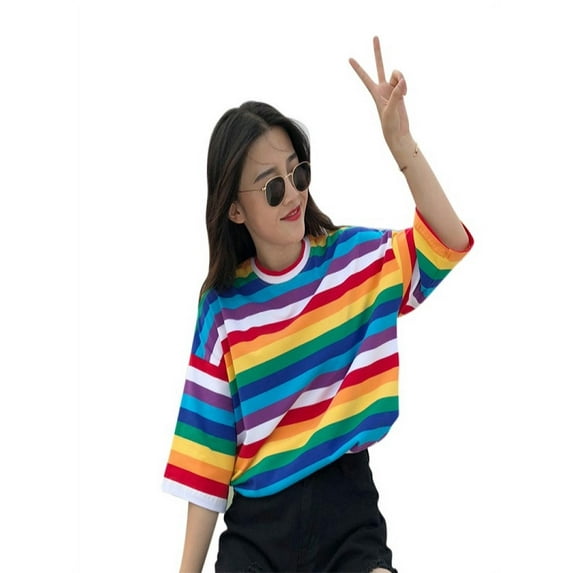 Harajuku Women Girls Rainbow Stripe Half Sleeves Loose T-shirts Tops